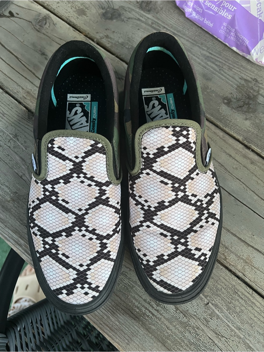 Vans Slip-On Sneakers in Black, Cream & Olive Snake Print NEVER WORN